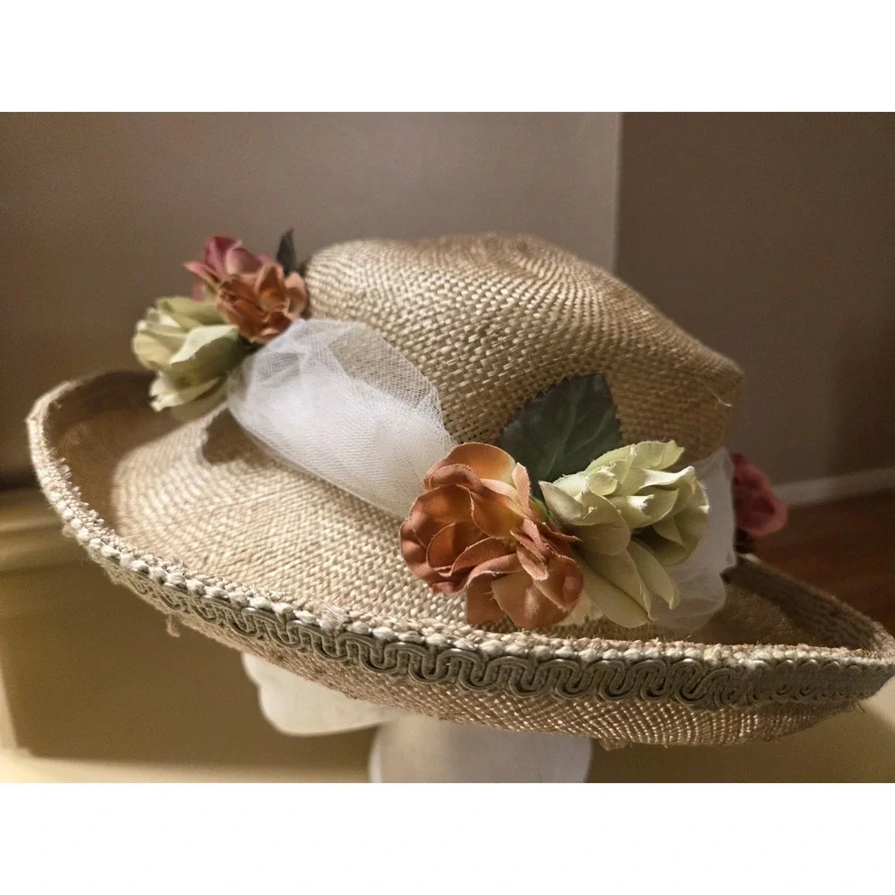 Deborah Rhodes Mocha Wide Brim Hat Sinamay Floral Derby Church Wedding 22.5
